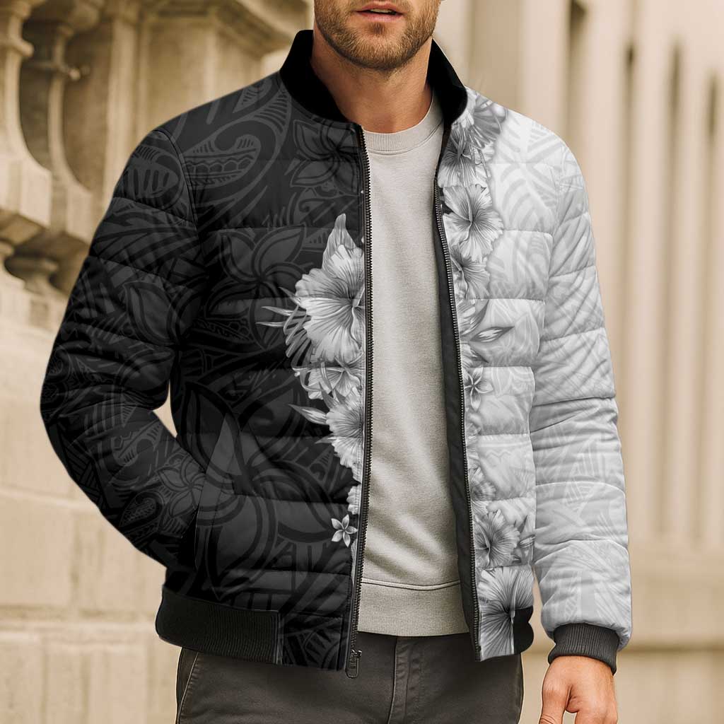 Hawaii Hibiscus Flowers Bomber Puffer Jacket Grayscale Polynesian Pattern LT05 - Polynesian Pride