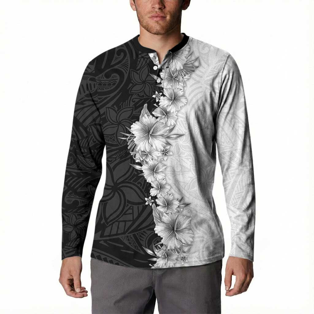 Hawaii Hibiscus Flowers Button Sweatshirt Grayscale Polynesian Pattern LT05 - Polynesian Pride