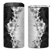 Hawaii Hibiscus Flowers 4 in 1 Can Cooler Tumbler Grayscale Polynesian Pattern