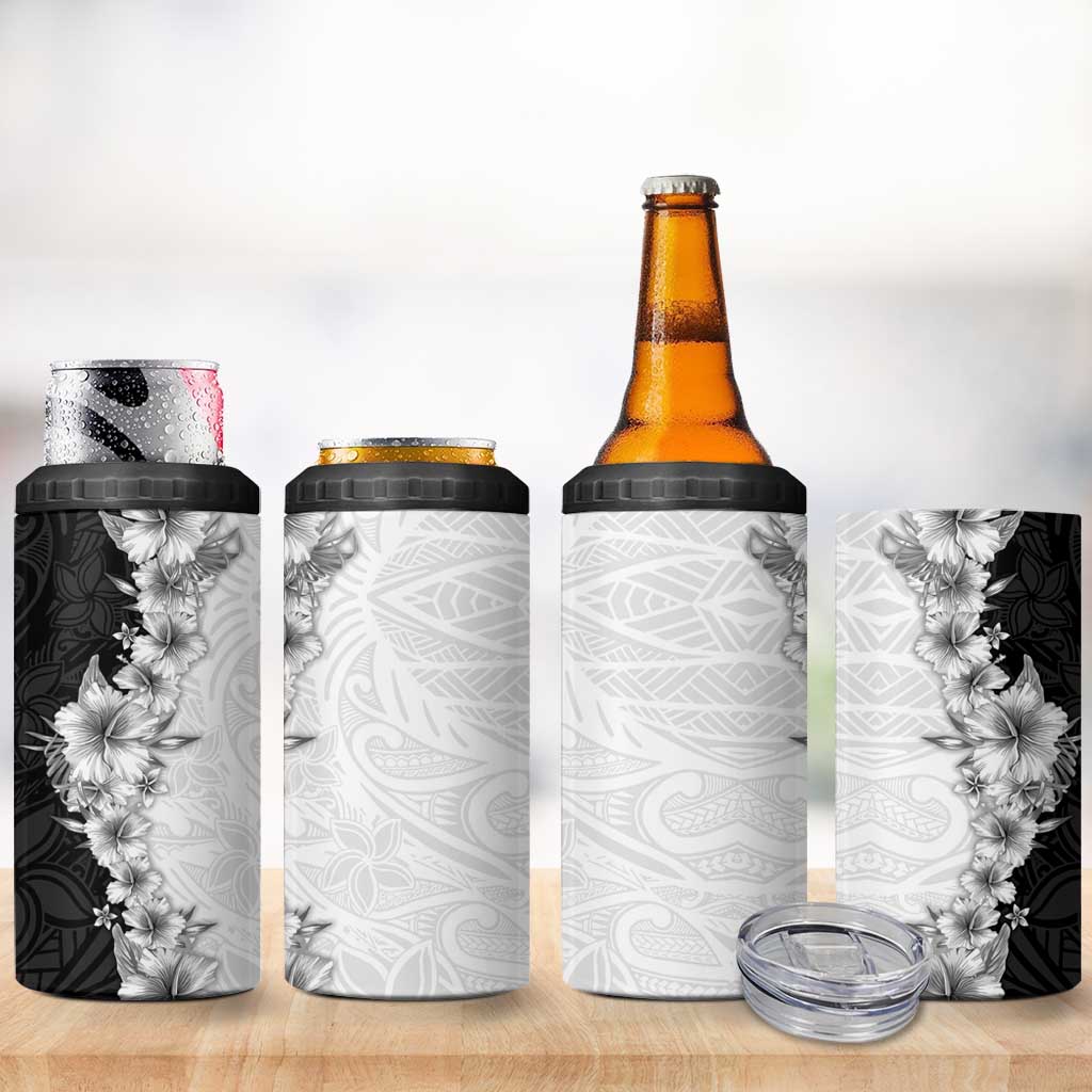 Hawaii Hibiscus Flowers 4 in 1 Can Cooler Tumbler Grayscale Polynesian Pattern