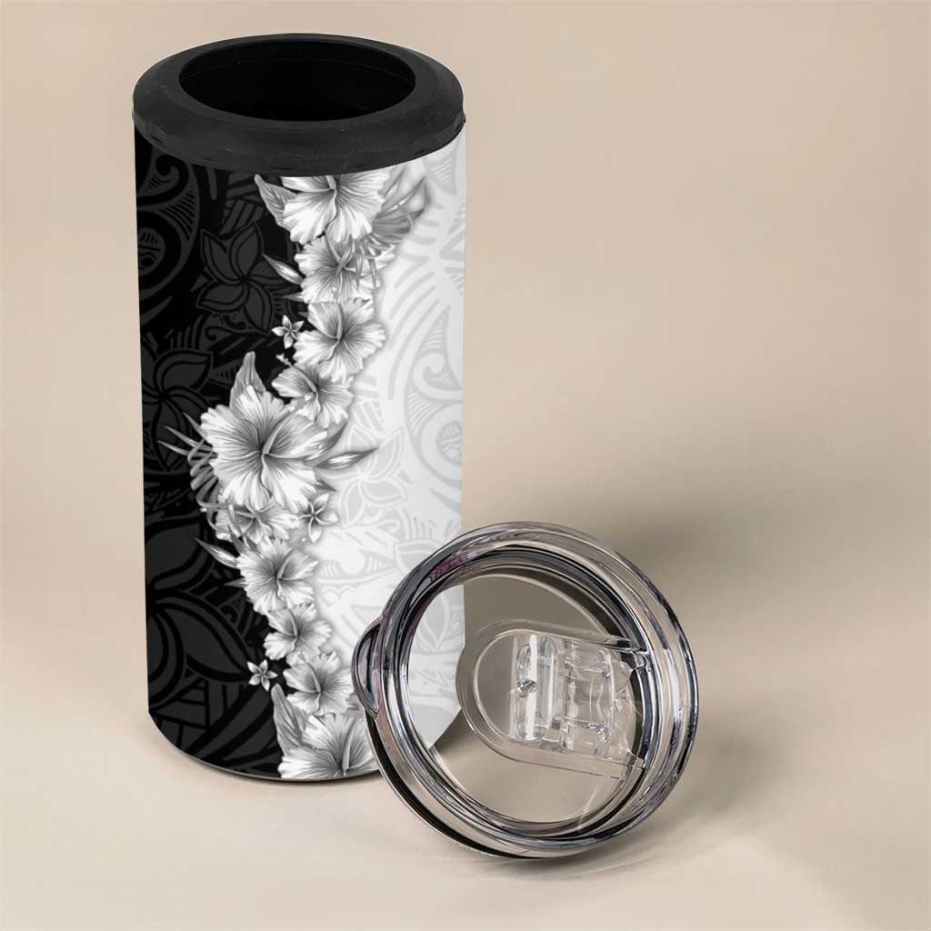 Hawaii Hibiscus Flowers 4 in 1 Can Cooler Tumbler Grayscale Polynesian Pattern