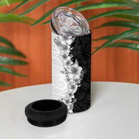 Hawaii Hibiscus Flowers 4 in 1 Can Cooler Tumbler Grayscale Polynesian Pattern