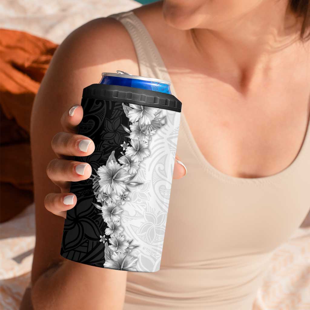Hawaii Hibiscus Flowers 4 in 1 Can Cooler Tumbler Grayscale Polynesian Pattern