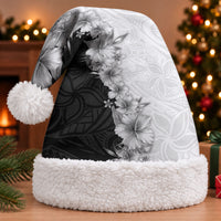 Hawaii Hibiscus Flowers Christmas Santa Hat Grayscale Polynesian Pattern LT05 With Fur Black - Polynesian Pride