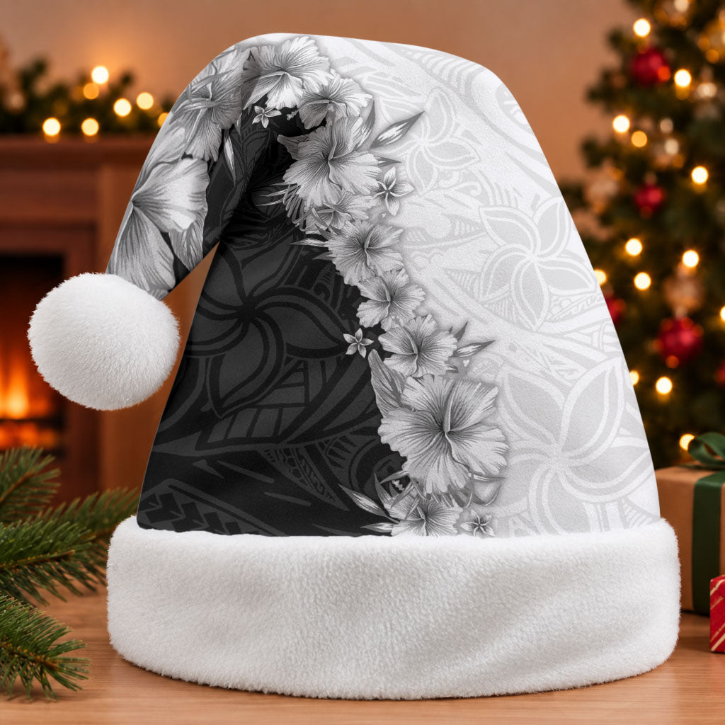 Hawaii Hibiscus Flowers Christmas Santa Hat Grayscale Polynesian Pattern LT05 Without Fur Black - Polynesian Pride