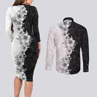 Hawaii Hibiscus Flowers Couples Matching Long Sleeve Bodycon Dress and Long Sleeve Button Shirt Grayscale Polynesian Pattern LT05 - Polynesian Pride