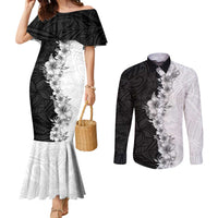 Hawaii Hibiscus Flowers Couples Matching Mermaid Dress and Long Sleeve Button Shirt Grayscale Polynesian Pattern LT05 Black - Polynesian Pride