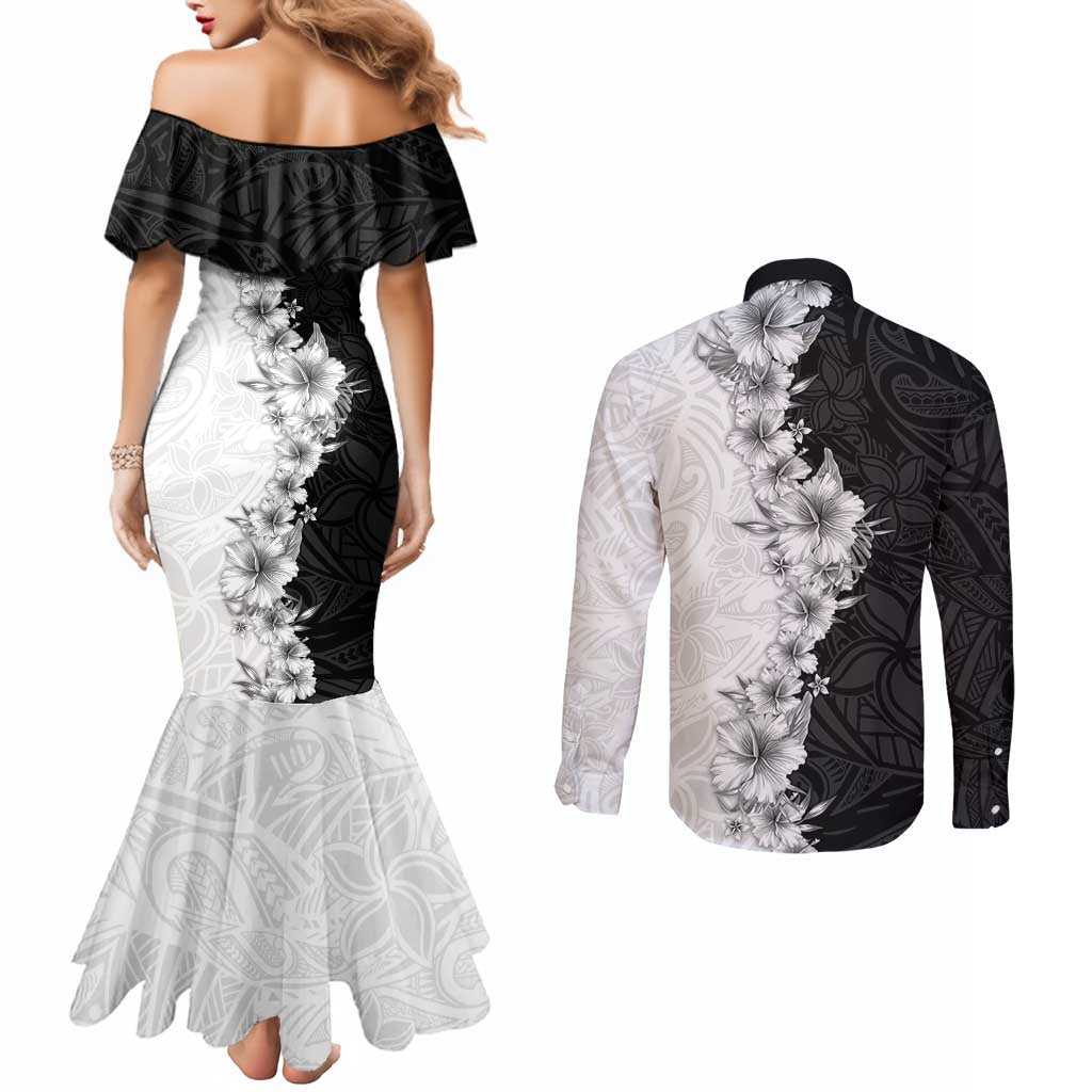 Hawaii Hibiscus Flowers Couples Matching Mermaid Dress and Long Sleeve Button Shirt Grayscale Polynesian Pattern LT05 - Polynesian Pride