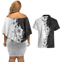 Hawaii Hibiscus Flowers Couples Matching Off Shoulder Short Dress and Hawaiian Shirt Grayscale Polynesian Pattern LT05 - Polynesian Pride