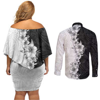 Hawaii Hibiscus Flowers Couples Matching Off Shoulder Short Dress and Long Sleeve Button Shirt Grayscale Polynesian Pattern LT05 - Polynesian Pride