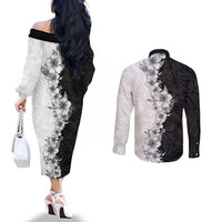 Hawaii Hibiscus Flowers Couples Matching Off The Shoulder Long Sleeve Dress and Long Sleeve Button Shirt Grayscale Polynesian Pattern LT05 - Polynesian Pride