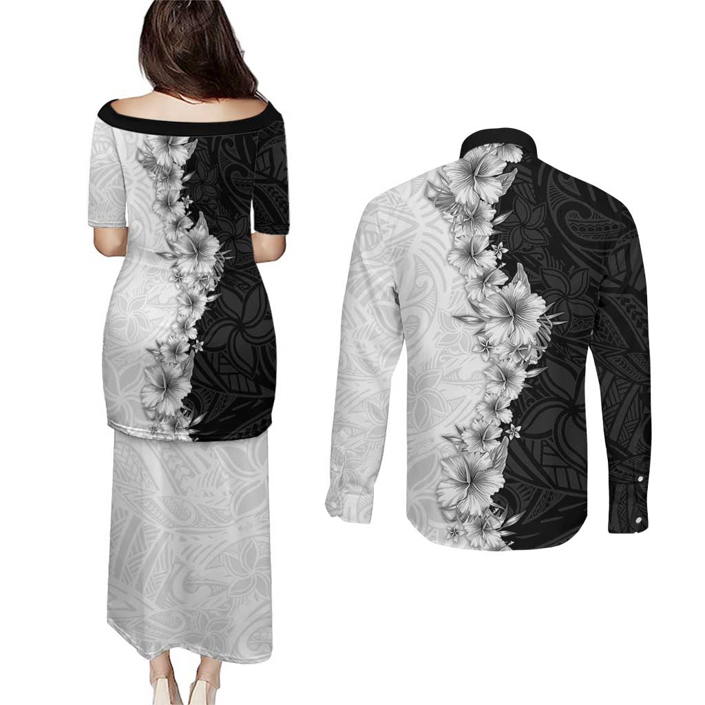 Hawaii Hibiscus Flowers Couples Matching Puletasi and Long Sleeve Button Shirt Grayscale Polynesian Pattern LT05 - Polynesian Pride