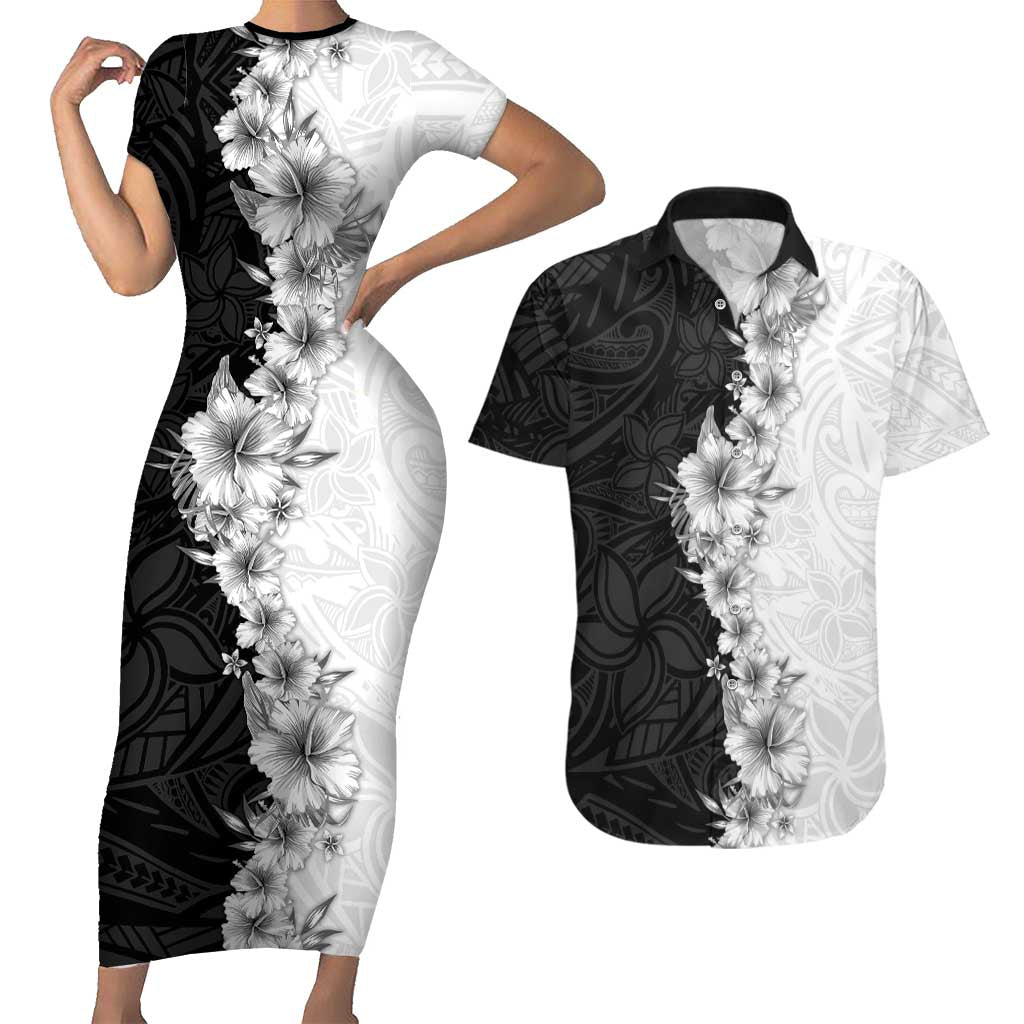 Hawaii Hibiscus Flowers Couples Matching Short Sleeve Bodycon Dress and Hawaiian Shirt Grayscale Polynesian Pattern LT05 Black - Polynesian Pride