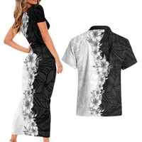 Hawaii Hibiscus Flowers Couples Matching Short Sleeve Bodycon Dress and Hawaiian Shirt Grayscale Polynesian Pattern LT05 - Polynesian Pride
