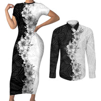 Hawaii Hibiscus Flowers Couples Matching Short Sleeve Bodycon Dress and Long Sleeve Button Shirt Grayscale Polynesian Pattern LT05 Black - Polynesian Pride