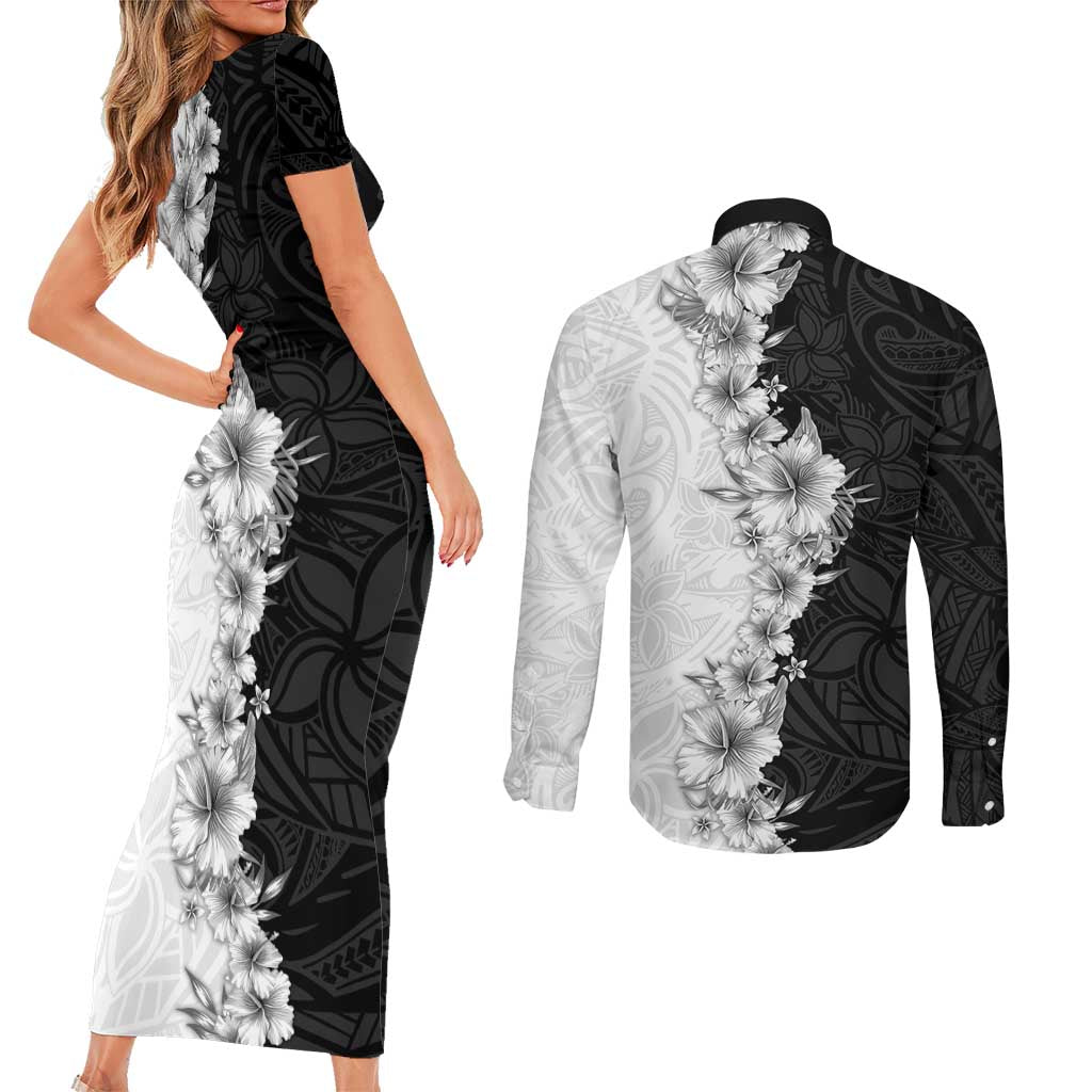 Hawaii Hibiscus Flowers Couples Matching Short Sleeve Bodycon Dress and Long Sleeve Button Shirt Grayscale Polynesian Pattern LT05 - Polynesian Pride