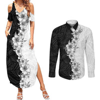 Hawaii Hibiscus Flowers Couples Matching Summer Maxi Dress and Long Sleeve Button Shirt Grayscale Polynesian Pattern