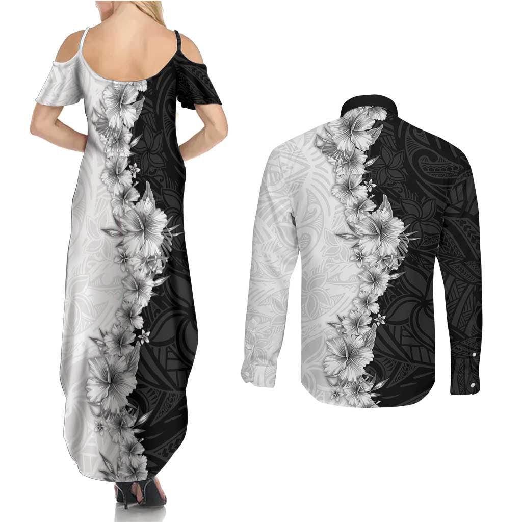 Hawaii Hibiscus Flowers Couples Matching Summer Maxi Dress and Long Sleeve Button Shirt Grayscale Polynesian Pattern