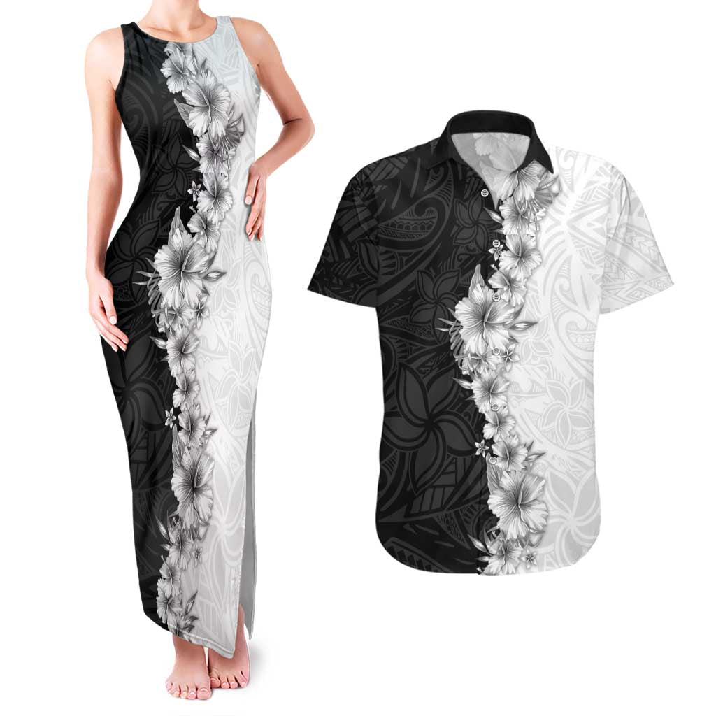 Hawaii Hibiscus Flowers Couples Matching Tank Maxi Dress and Hawaiian Shirt Grayscale Polynesian Pattern