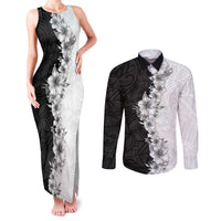 Hawaii Hibiscus Flowers Couples Matching Tank Maxi Dress and Long Sleeve Button Shirt Grayscale Polynesian Pattern LT05 Black - Polynesian Pride