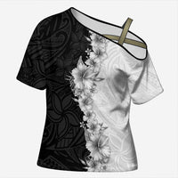 Hawaii Hibiscus Flowers Cross Shoulder Shirt Grayscale Polynesian Pattern LT05 Female Black - Polynesian Pride