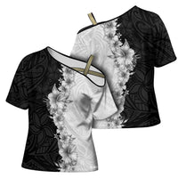 Hawaii Hibiscus Flowers Cross Shoulder Shirt Grayscale Polynesian Pattern LT05 - Polynesian Pride