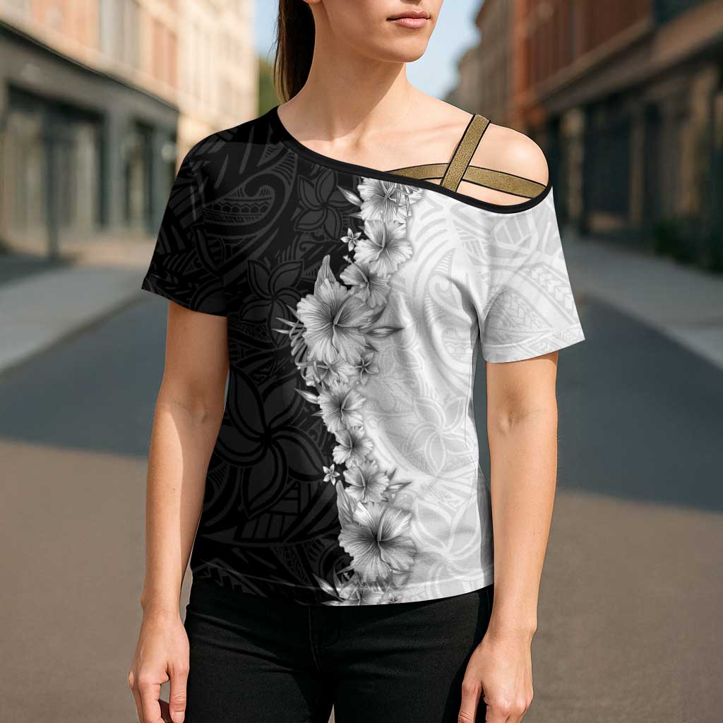 Hawaii Hibiscus Flowers Cross Shoulder Shirt Grayscale Polynesian Pattern LT05 - Polynesian Pride