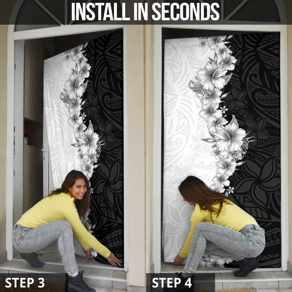 Hawaii Hibiscus Flowers Door Cover Grayscale Polynesian Pattern LT05 - Polynesian Pride