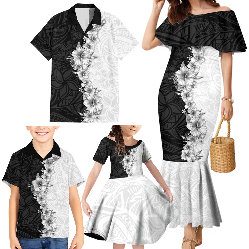 Hawaii Hibiscus Flowers Family Matching Mermaid Dress and Hawaiian Shirt Grayscale Polynesian Pattern LT05 - Polynesian Pride