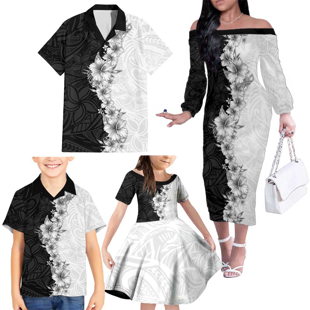 Hawaii Hibiscus Flowers Family Matching Off The Shoulder Long Sleeve Dress and Hawaiian Shirt Grayscale Polynesian Pattern