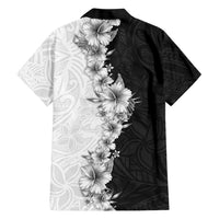 Hawaii Hibiscus Flowers Family Matching Off The Shoulder Long Sleeve Dress and Hawaiian Shirt Grayscale Polynesian Pattern