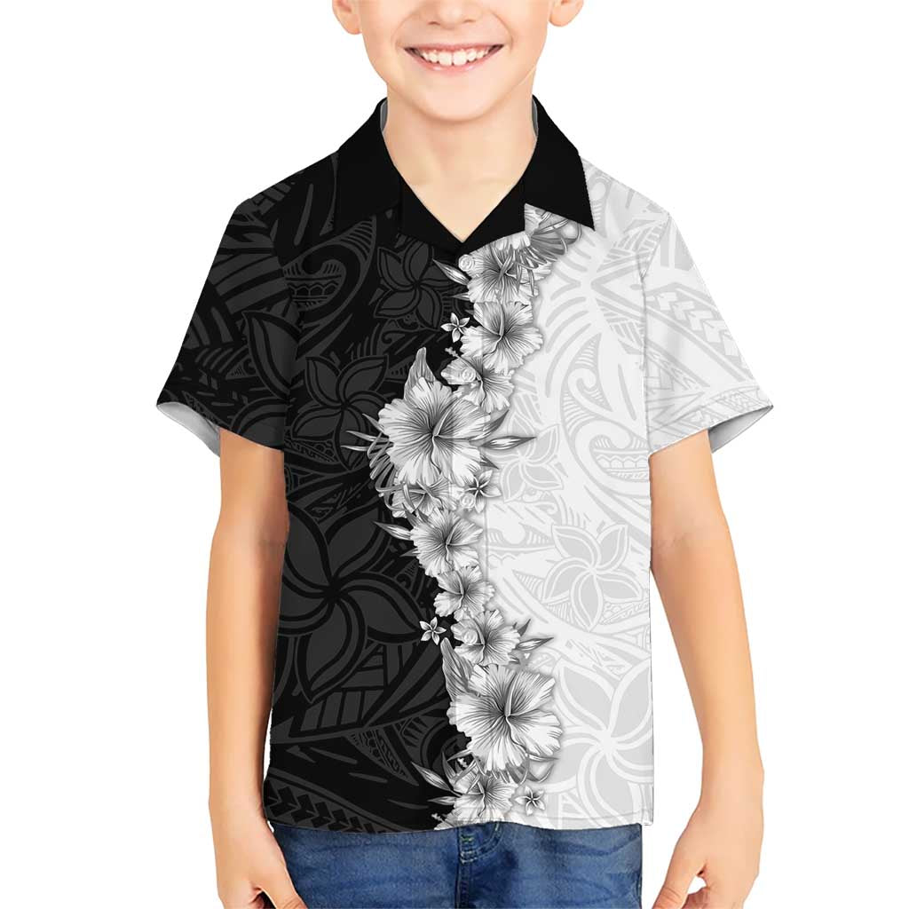 Hawaii Hibiscus Flowers Family Matching Off The Shoulder Long Sleeve Dress and Hawaiian Shirt Grayscale Polynesian Pattern
