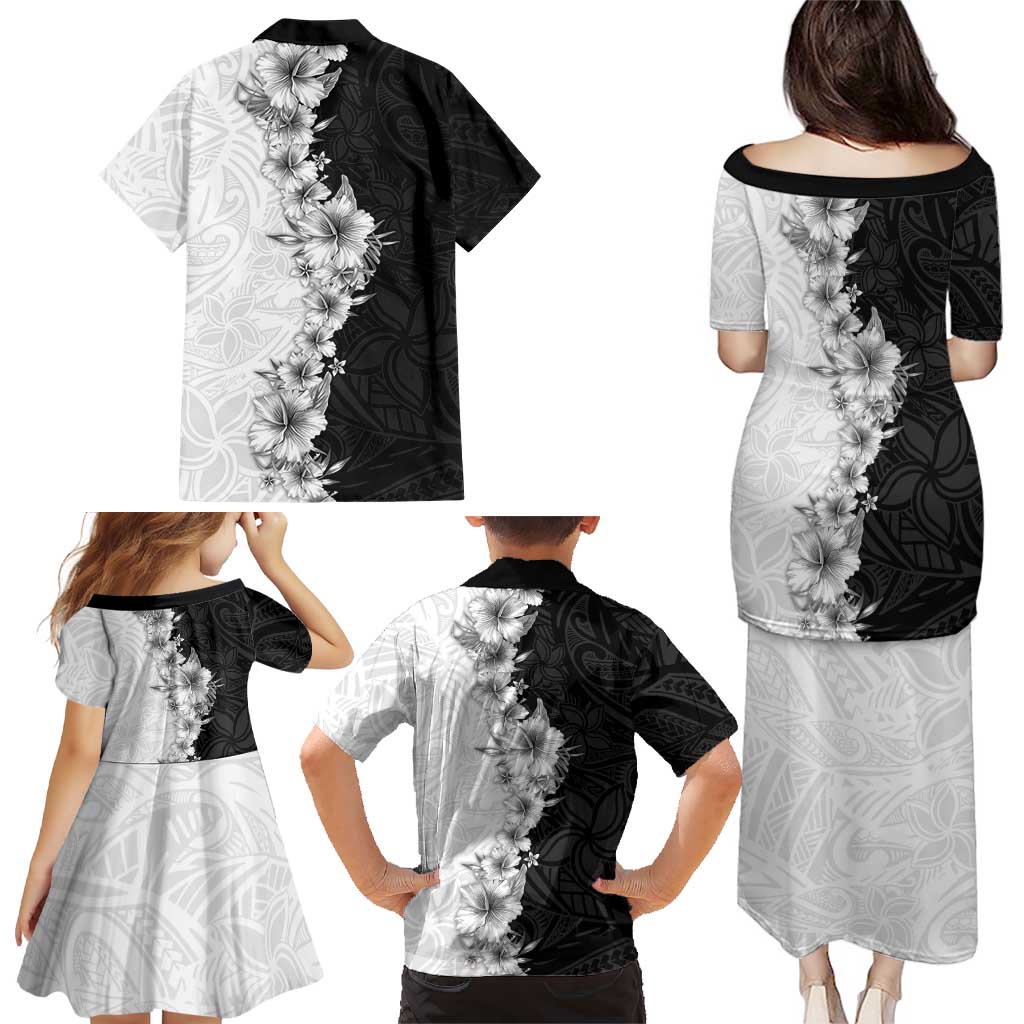 Hawaii Hibiscus Flowers Family Matching Puletasi and Hawaiian Shirt Grayscale Polynesian Pattern