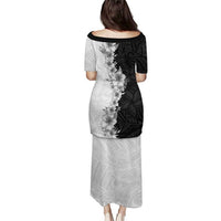 Hawaii Hibiscus Flowers Family Matching Puletasi and Hawaiian Shirt Grayscale Polynesian Pattern