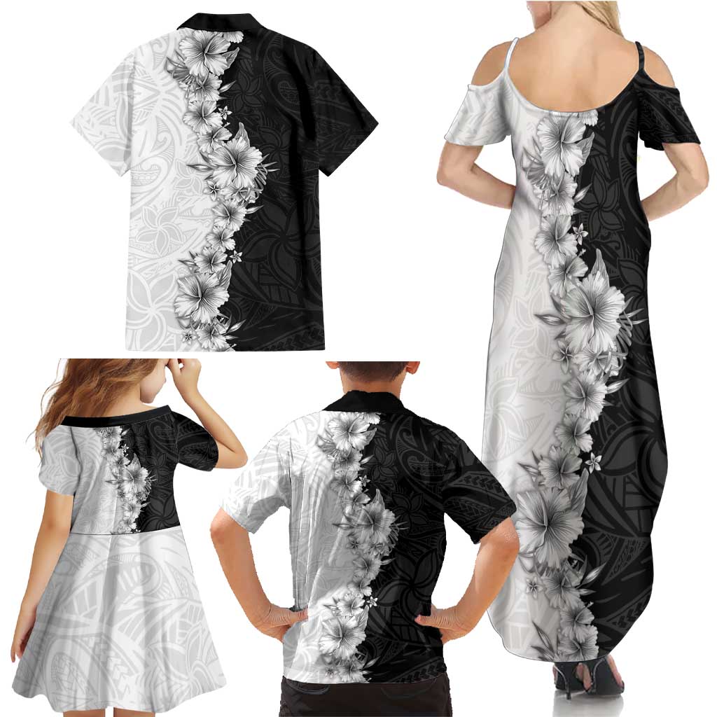 Hawaii Hibiscus Flowers Family Matching Summer Maxi Dress and Hawaiian Shirt Grayscale Polynesian Pattern LT05 - Polynesian Pride