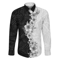 Hawaii Hibiscus Flowers Family Matching Summer Maxi Dress and Hawaiian Shirt Grayscale Polynesian Pattern LT05 Dad's Shirt - Long Sleeve Black - Polynesian Pride