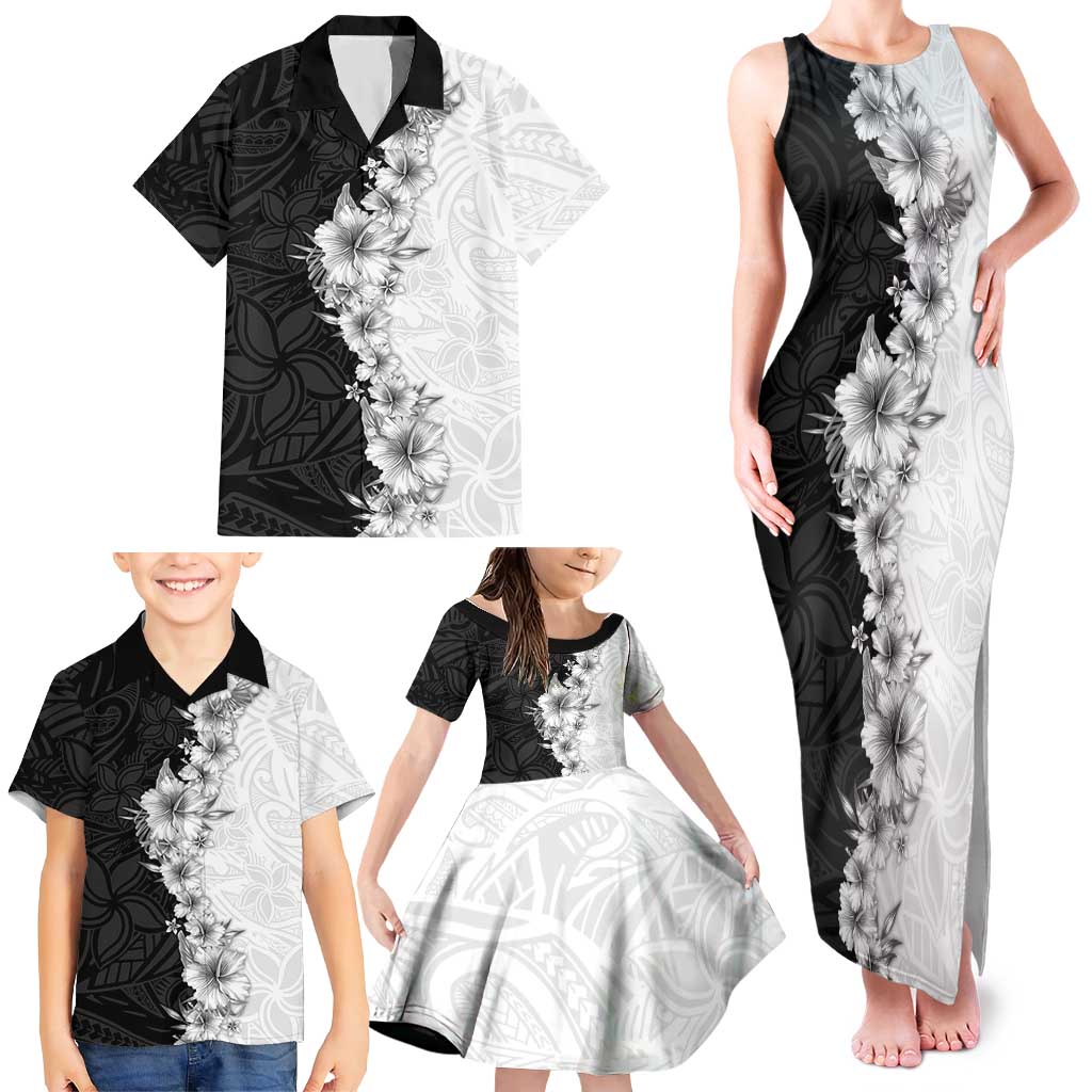 Hawaii Hibiscus Flowers Family Matching Tank Maxi Dress and Hawaiian Shirt Grayscale Polynesian Pattern LT05 - Polynesian Pride