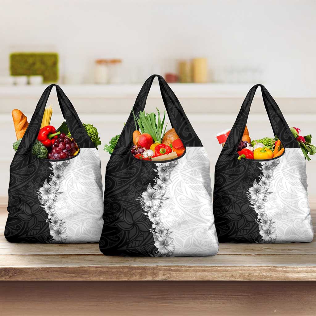 Hawaii Hibiscus Flowers Grocery Bag Grayscale Polynesian Pattern