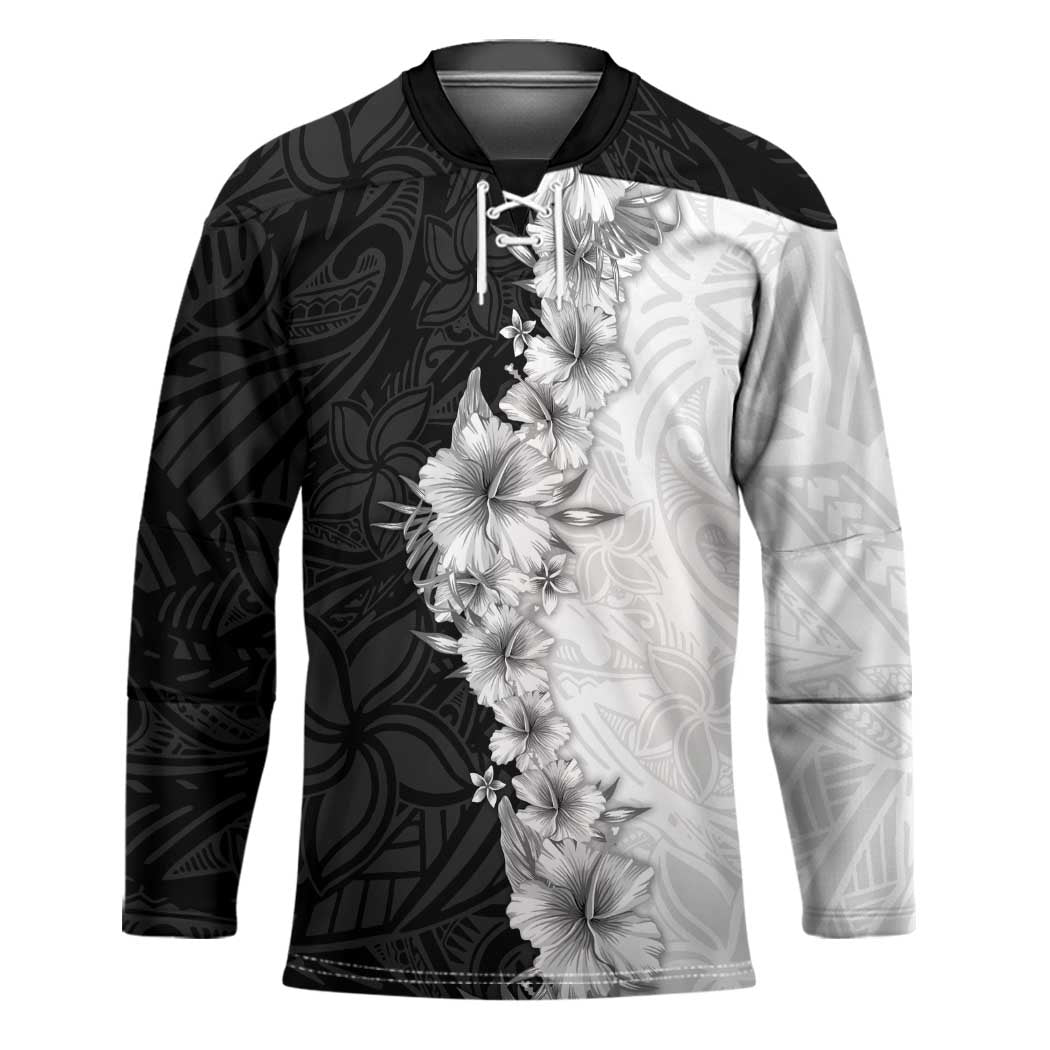 Hawaii Hibiscus Flowers Hockey Jersey Grayscale Polynesian Pattern LT05 Unisex Black - Polynesian Pride