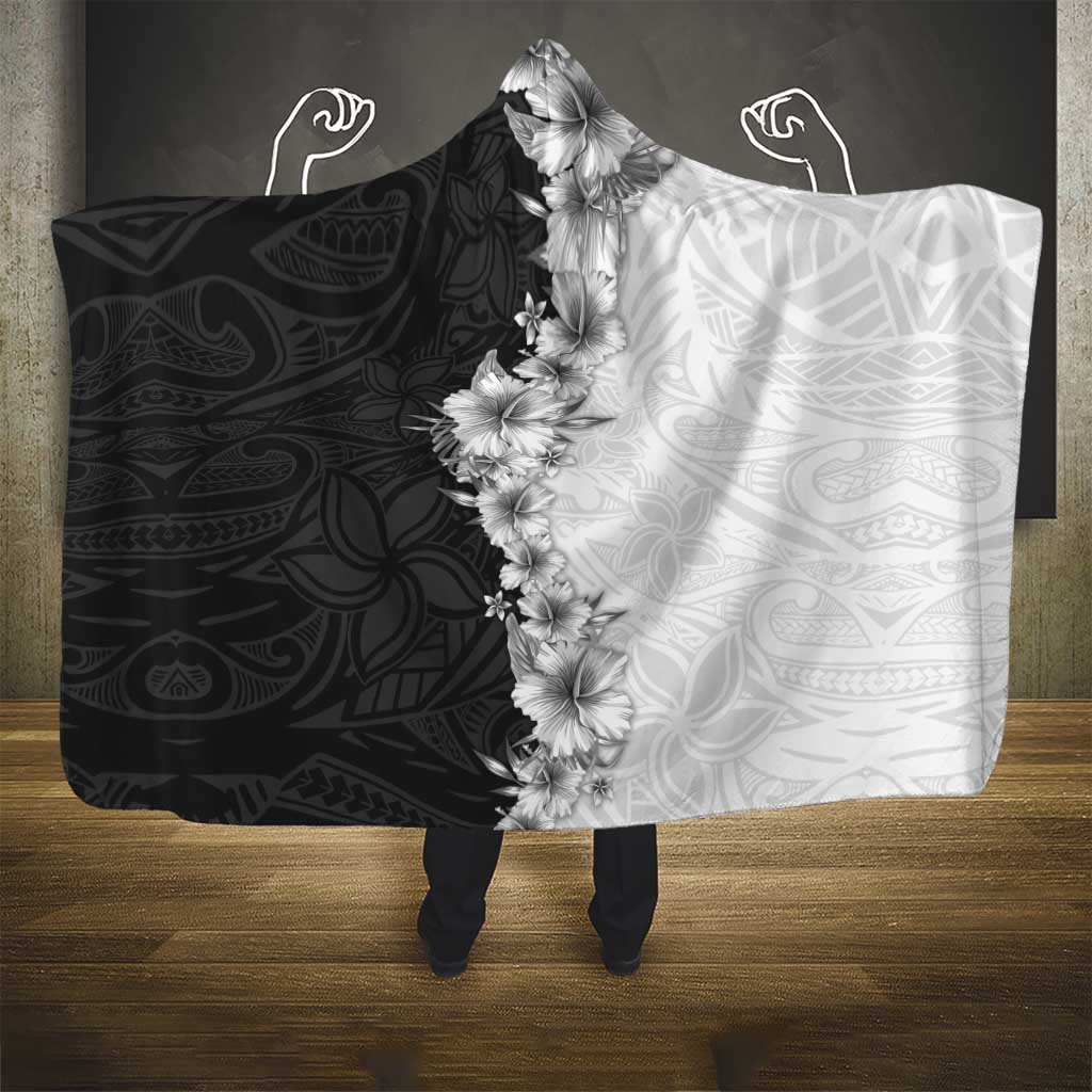 Hawaii Hibiscus Flowers Hooded Blanket Grayscale Polynesian Pattern LT05 - Polynesian Pride