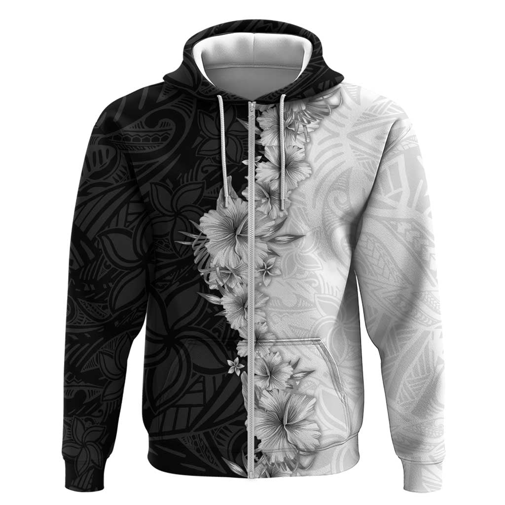 Hawaii Hibiscus Flowers Hoodie Grayscale Polynesian Pattern LT05 Zip Hoodie Black - Polynesian Pride