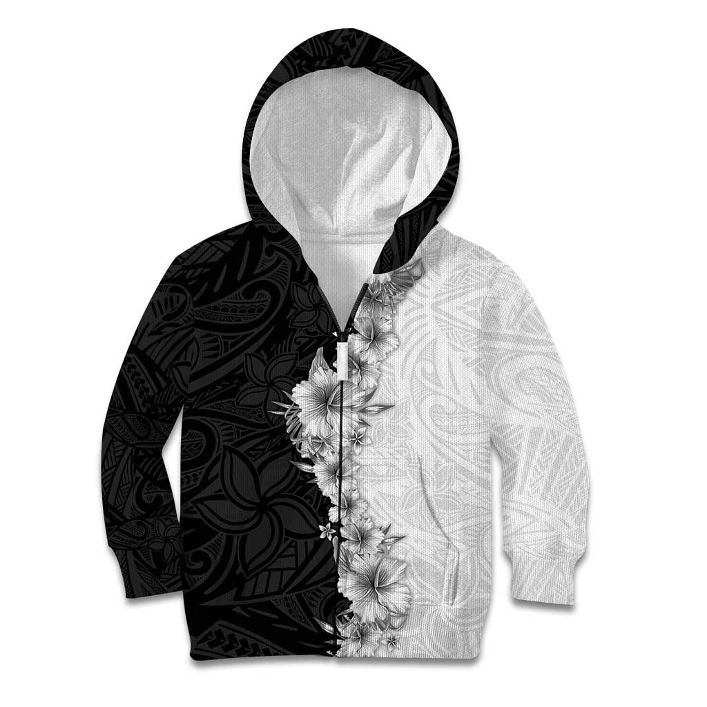 Hawaii Hibiscus Flowers Kid Hoodie Grayscale Polynesian Pattern LT05 Zip Hoodie Black - Polynesian Pride