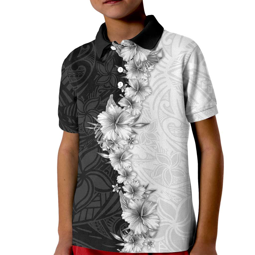 Hawaii Hibiscus Flowers Kid Polo Shirt Grayscale Polynesian Pattern LT05 Kid Black - Polynesian Pride