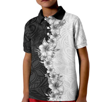 Hawaii Hibiscus Flowers Kid Polo Shirt Grayscale Polynesian Pattern LT05 Kid Black - Polynesian Pride