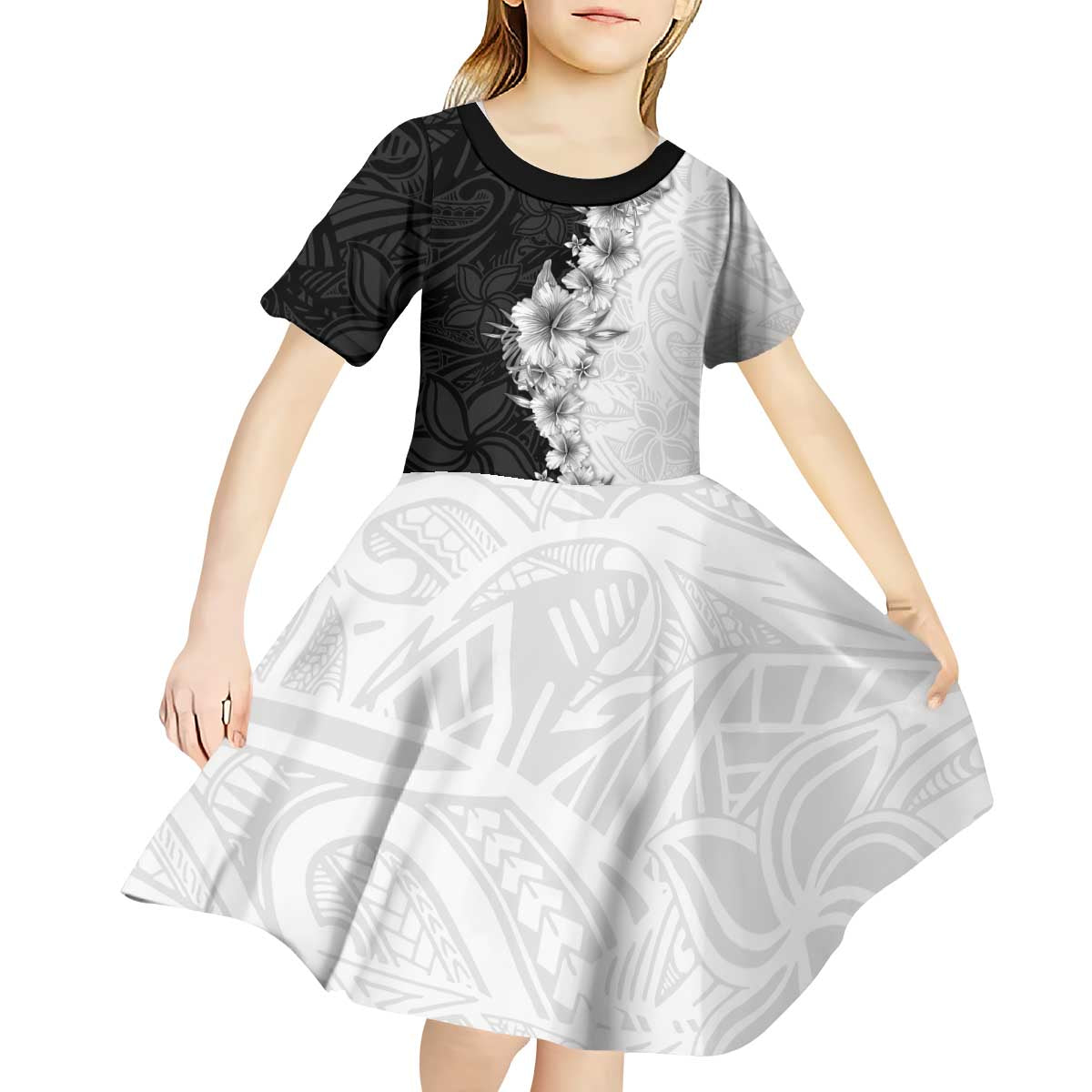 Hawaii Hibiscus Flowers Kid Short Sleeve Dress Grayscale Polynesian Pattern LT05 - Polynesian Pride