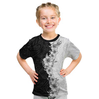 Hawaii Hibiscus Flowers Kid T Shirt Grayscale Polynesian Pattern LT05 Black - Polynesian Pride