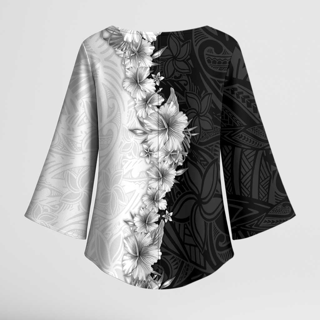 Hawaii Hibiscus Flowers Kimono Sleeve Blouse Grayscale Polynesian Pattern LT05 - Polynesian Pride