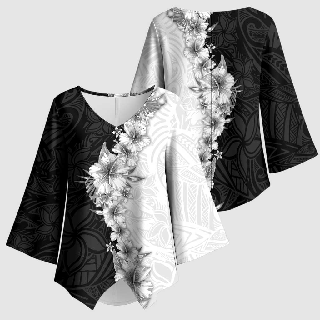 Hawaii Hibiscus Flowers Kimono Sleeve Blouse Grayscale Polynesian Pattern LT05 - Polynesian Pride