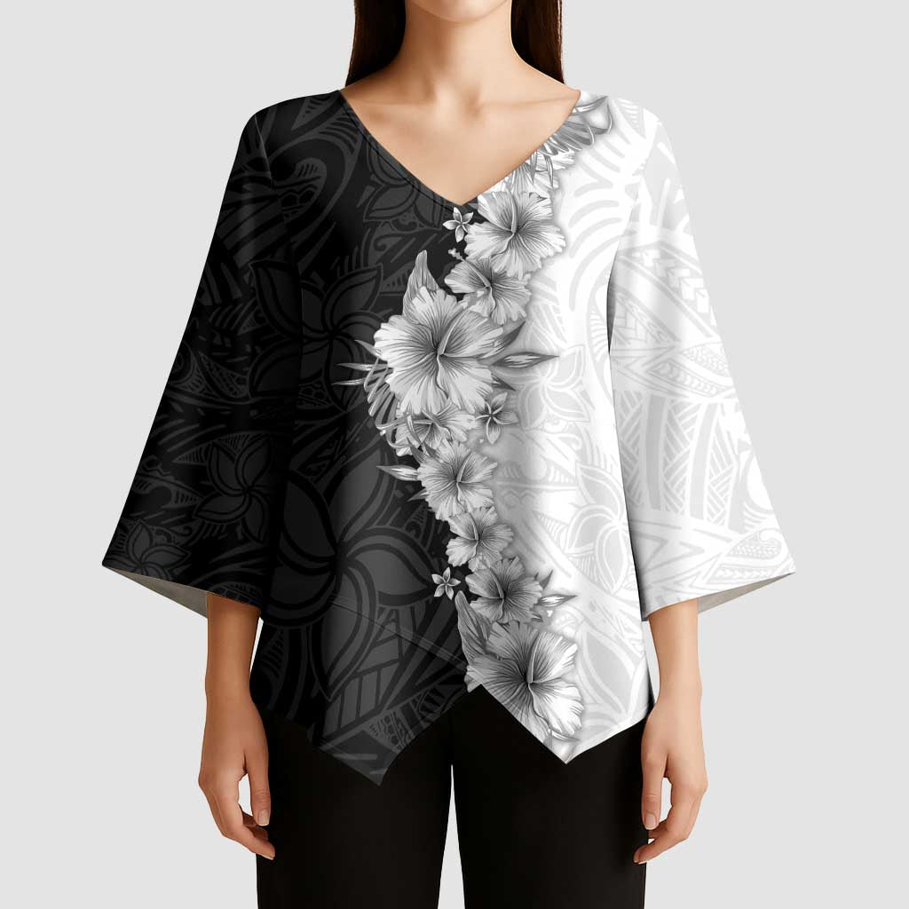 Hawaii Hibiscus Flowers Kimono Sleeve Blouse Grayscale Polynesian Pattern LT05 - Polynesian Pride