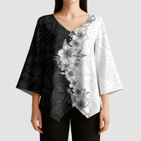 Hawaii Hibiscus Flowers Kimono Sleeve Blouse Grayscale Polynesian Pattern LT05 - Polynesian Pride